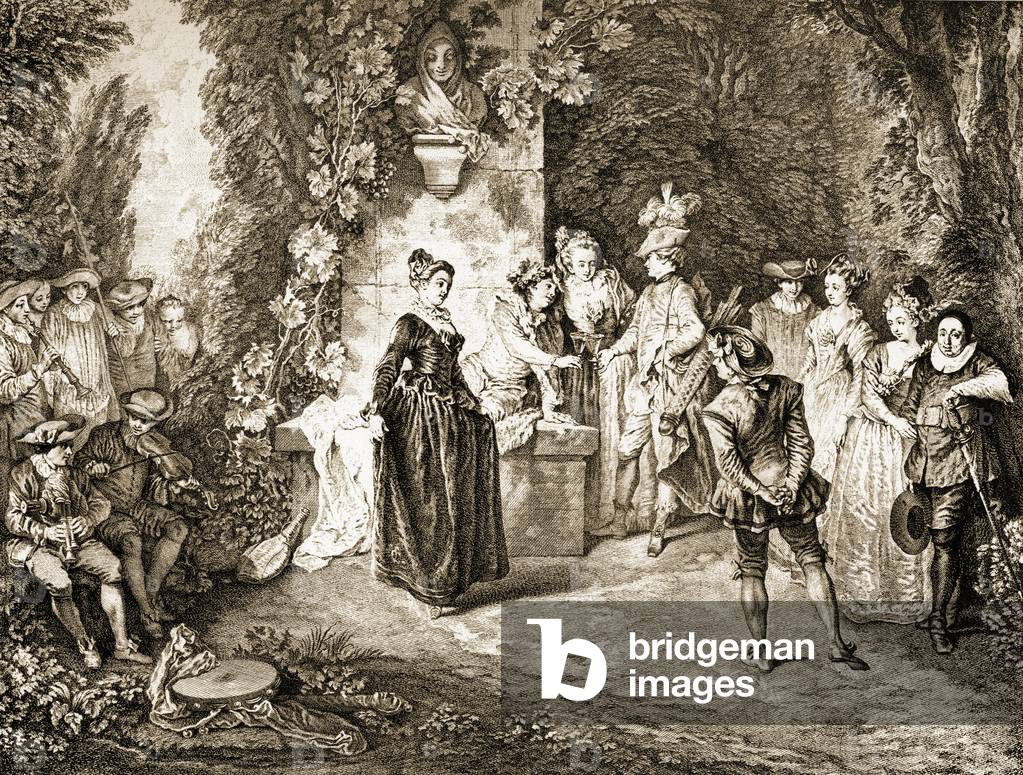 Bild von Gravur "Die französische Komödie" 1701 von Francois Louis Joseph Watteau, b/w