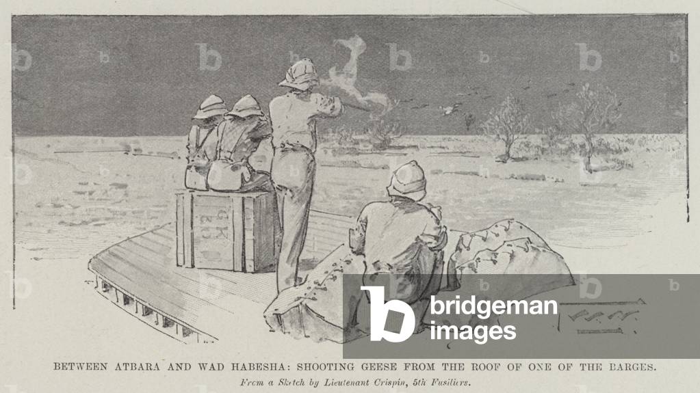Between Atbara and Wad Habesha, shooting Geese from the Roof of one of the Barges (engraving)