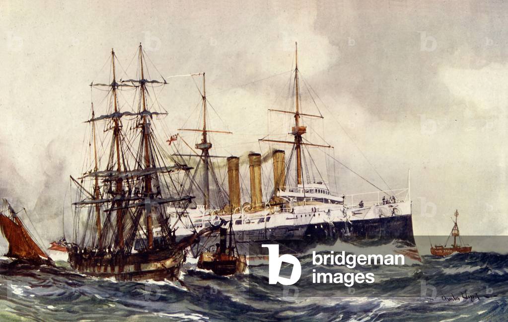 HMS «Kent» Passando South Sand Lightship (colore lito)