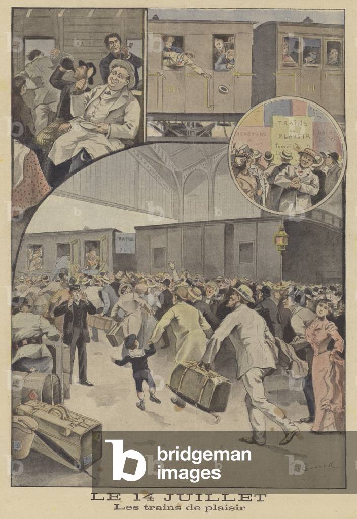 Trains emmenant les passagers aux célébrations de la fête de la Bastille (coloris litho) par Ernest Auguste Bo