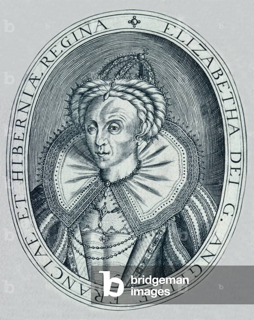 Queen Elizabeth I in middle age with furrowed brow (engraving) 16th by Brian Seed