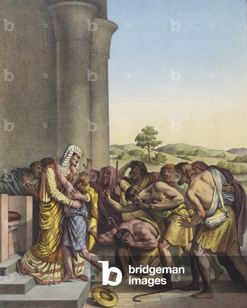 "Giuseppe riconosciuto dai suoi fratelli in Egitto (colore lito)" 1801 di French School