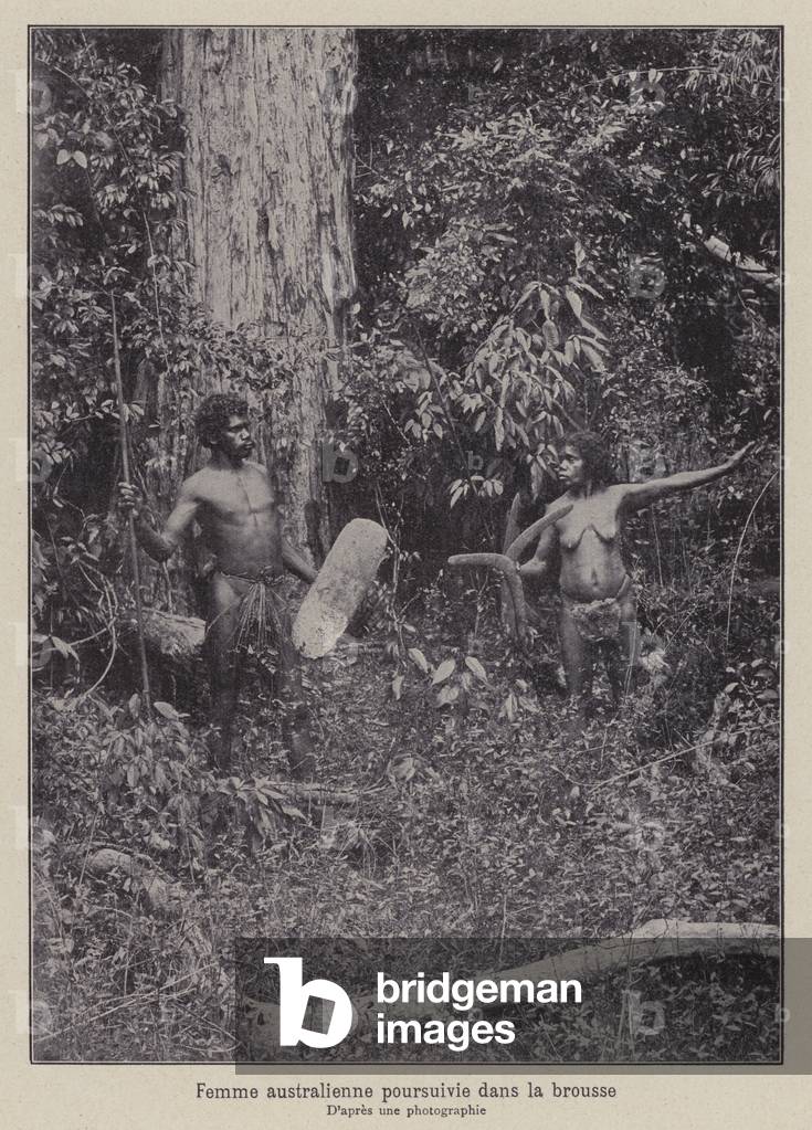 Australian aboriginal woman pursued in the bush (b/w photo)