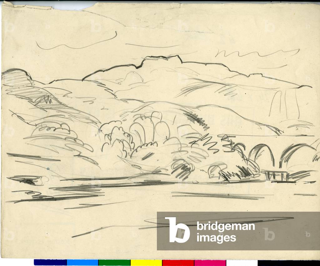 Paesaggio con collina e viadotto, 1920-73 circa (matita su carta)