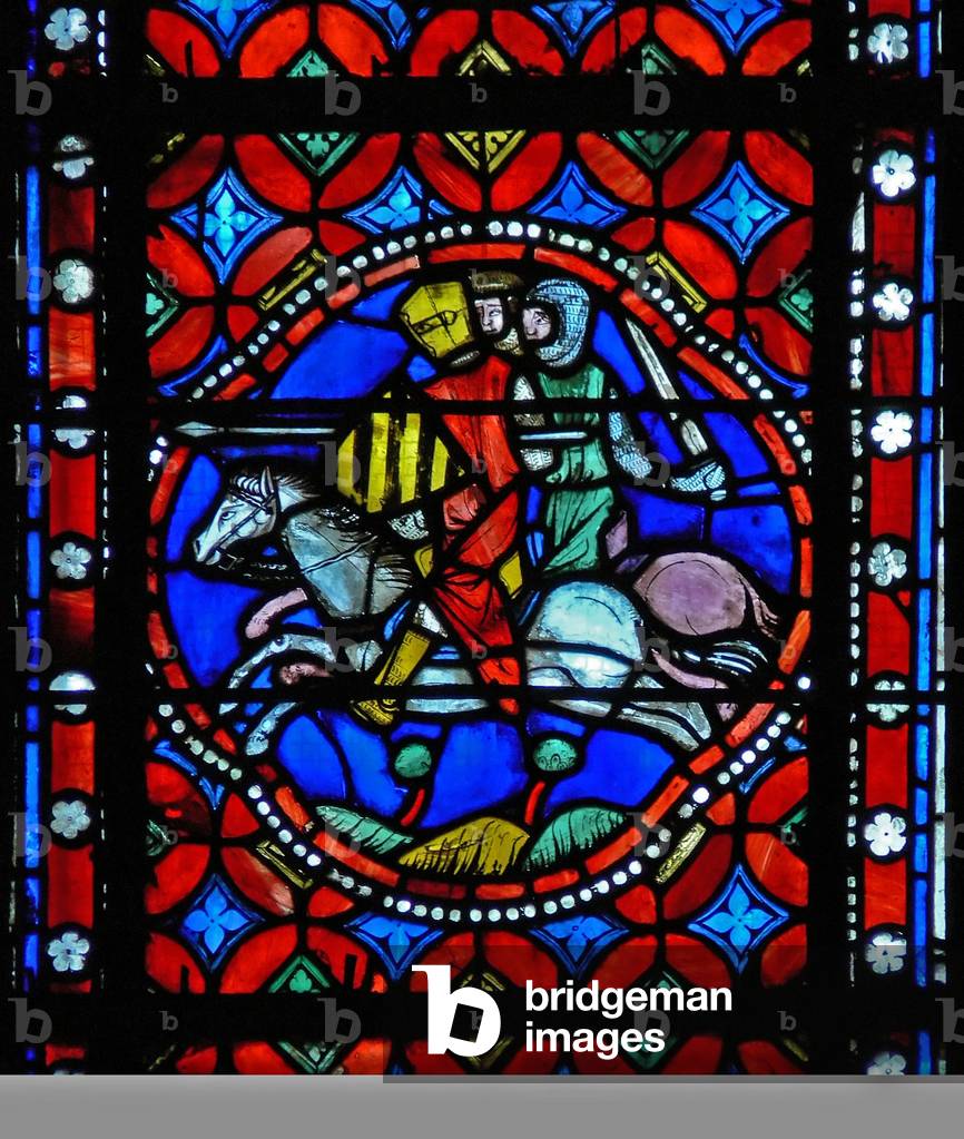 Window s1-R depicting a scene from St Bonnet's journey to Rome and adventures; Pavia is besieged (stained glas