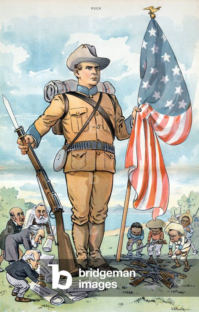 Amerikanischer Soldat mit einem Gewehr und der amerikanischen Flagge, 1902