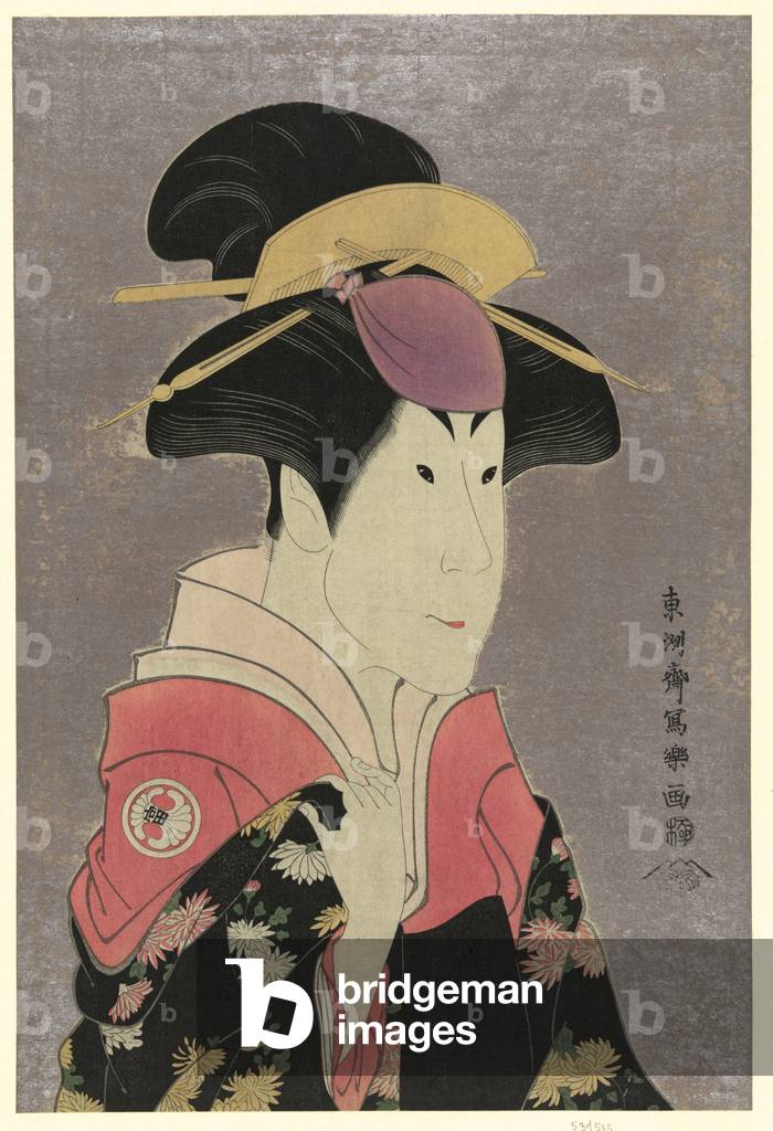 Segawa Tomisabur, attore, ritratto testa e spalle, rivolto a destra, nel ruolo di Yadorigi, moglie di Ogishi K