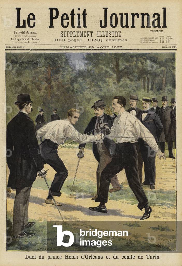 Duel between Prince Henri of Orleans and the Count of Turin, Vaucresson, France, 1897 (colour litho)