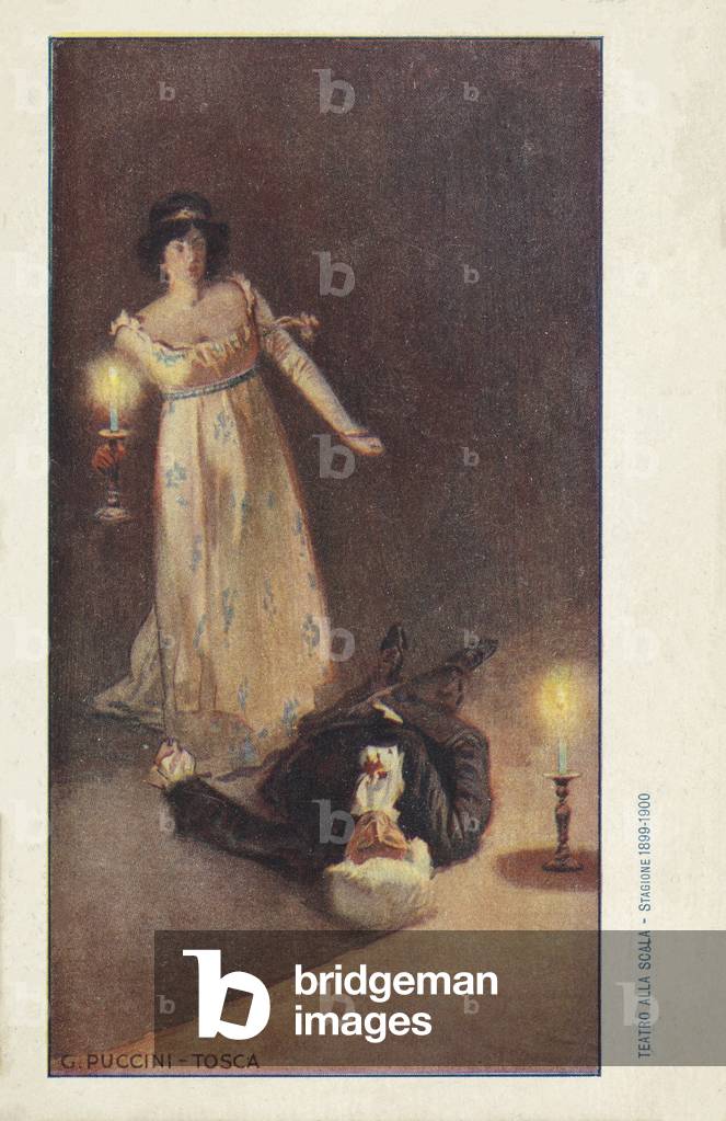 Morte di Scarpia, scena da una produzione dell'opera Tosca di Giacomo Puccini alla Scala, Milano, 1900 (colore