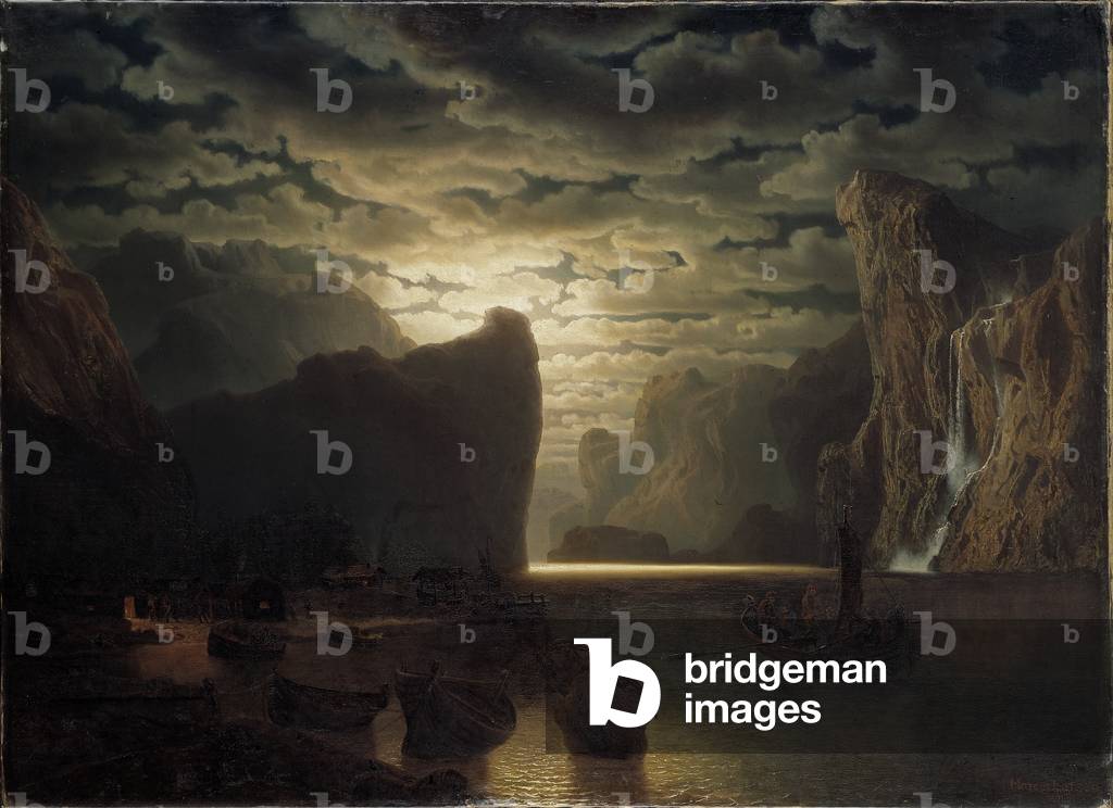 Bild von Gemälde "norwegischer Fjord in mondlicht" 1861 von Marcus Larson, b/w