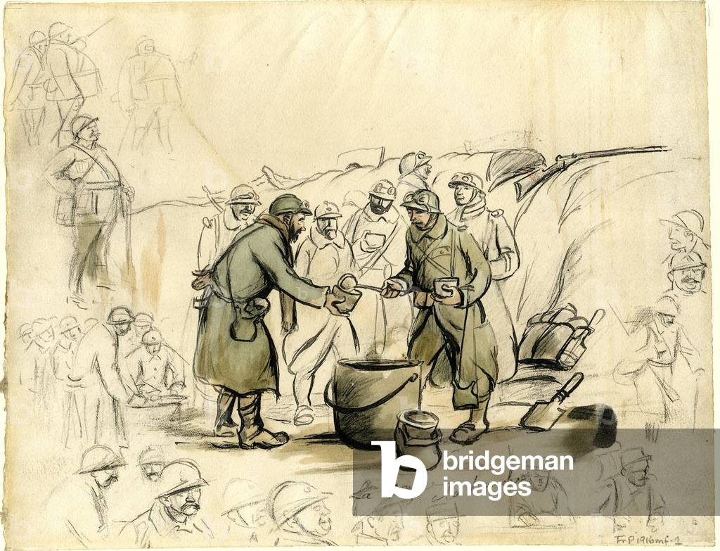 Immagine di Stampa "La soupe à la tranchée (lito colorato a mano)" 1901 di French School, b/w