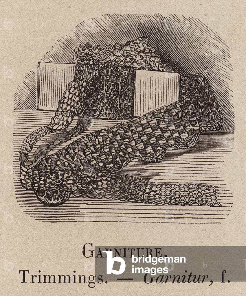 "Le Vocabulaire Illustre: Guarnizione; Passamanerie; Garnitur (incisione)" 1873 di European School