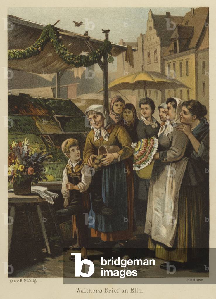 "Scena in un mercato (litografia a colori)" 1801 di Bernhard Muhlig