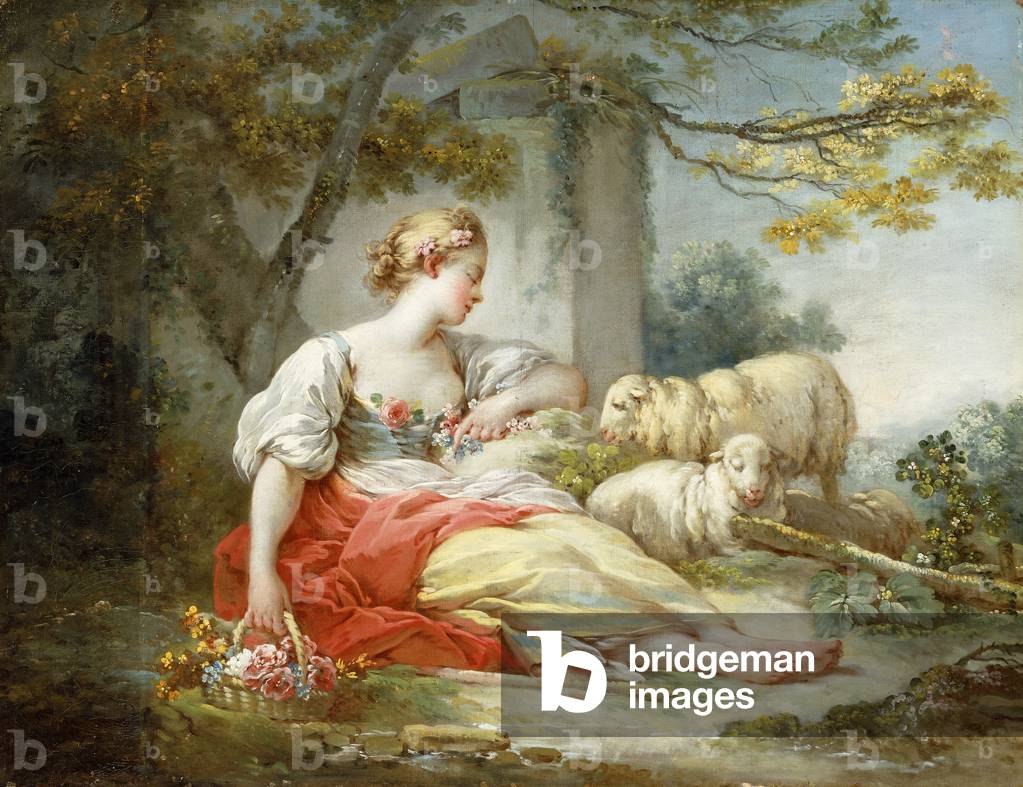 Immagine di Dipinto "Un Pastorella seduti con pecore e un Cestino di fiori vicino a una rovina in un paesaggio