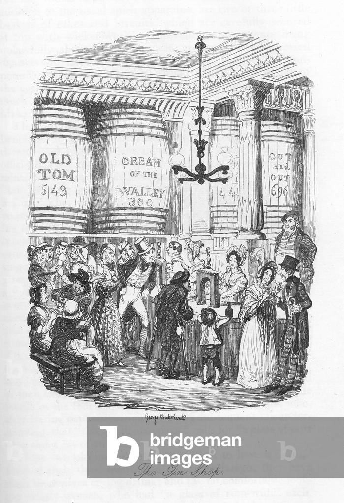 Bild von Druck "Der Gin-Laden" 1836 von George Cruikshank, b/w