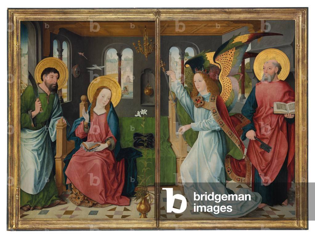 The Annunciation, with Saints Bartholomew and Peter, two wings from an altarpiece (oil on panel)