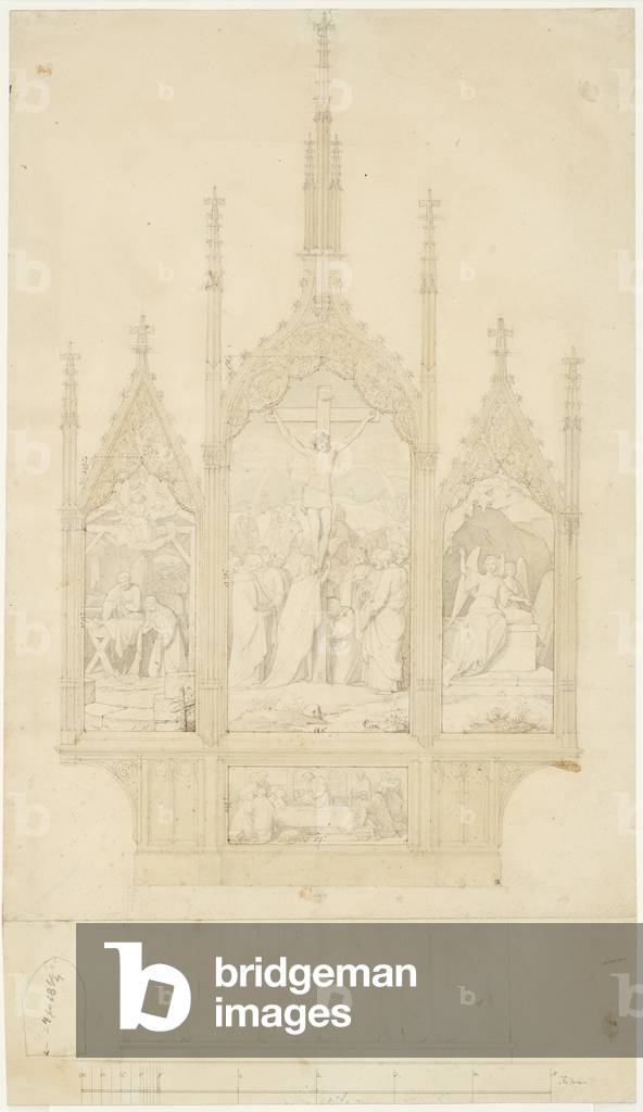 "Disegno per una pala d'altare raffigurante la Crocifissione" 1851 di Carl Gottlieb Peschel, b/w
