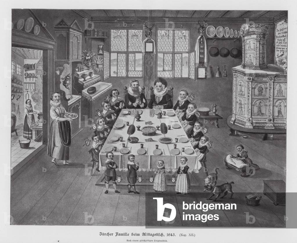 Bild von Gravur "Zürcher Familie am Mittagstisch" von Swiss School