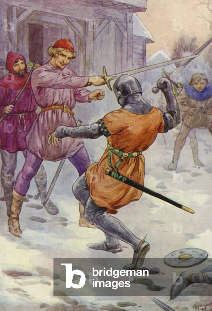 Robin skipped round him and struck where he would (colour litho) by Harry George Theaker