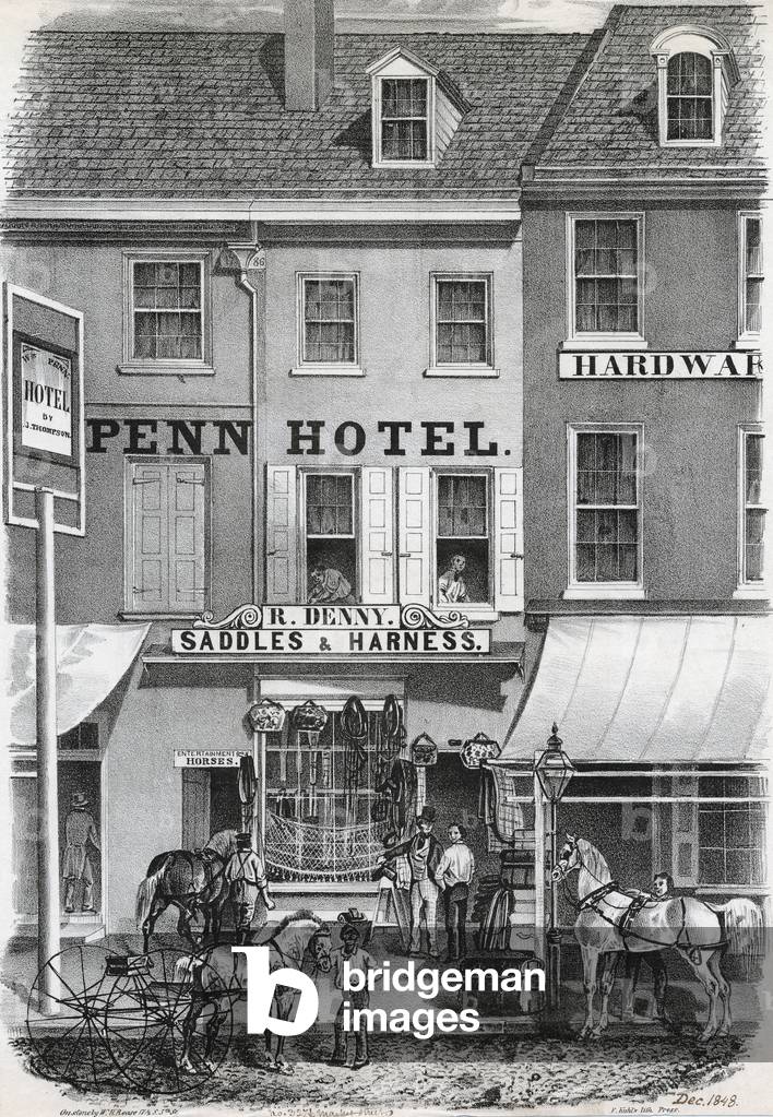 Penn Hotel & Denny's Kabelbaum-Shop, gedruckt von Frederick Kuhl, Dezember 1848 (litho)