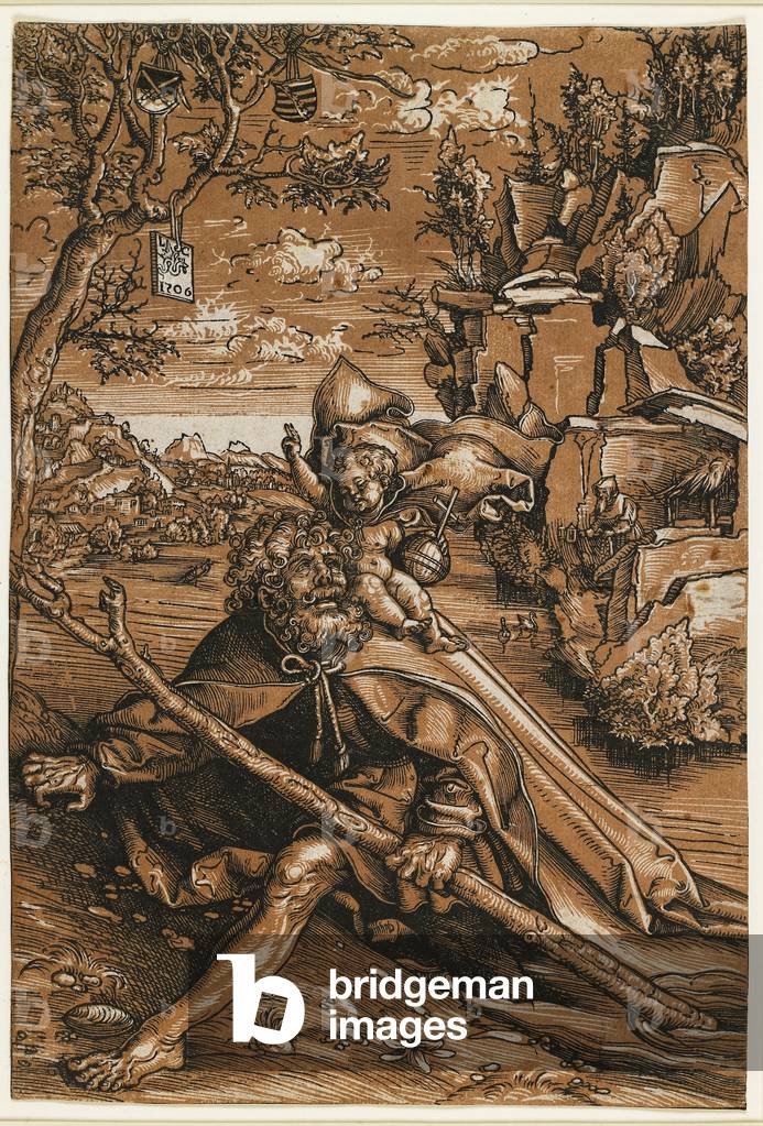 "San Cristoforo", 15th- c.1509 Secolo di Lucas the Elder Cranach, b/w