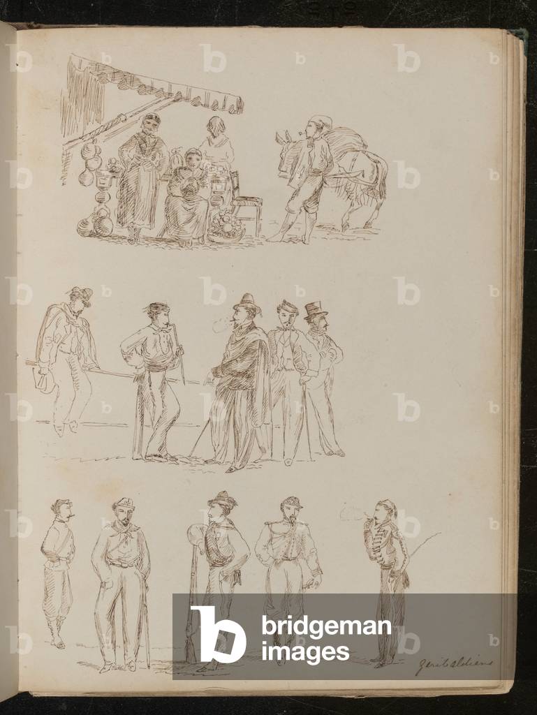 Canopied Obstverkäufer Stall mit Frauen und einem rauchenden Mann, Studie von fünf Herren, Studie von fünf Sol