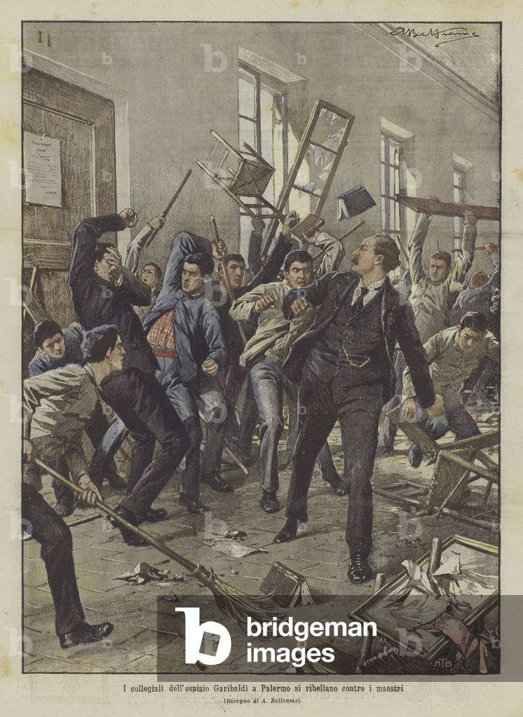 Les étudiants collégiaux de l'Hospice Garibaldi de Palerme se rebellent contre les maîtres (lithographie coule