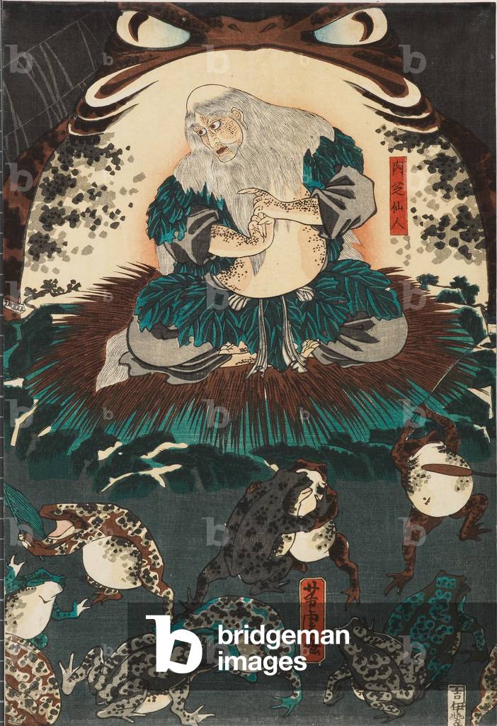 Nikushi, lo spirito ranocchio, evoca una magica battaglia delle rane a Tateyama nella provincia di Etchū, 1864