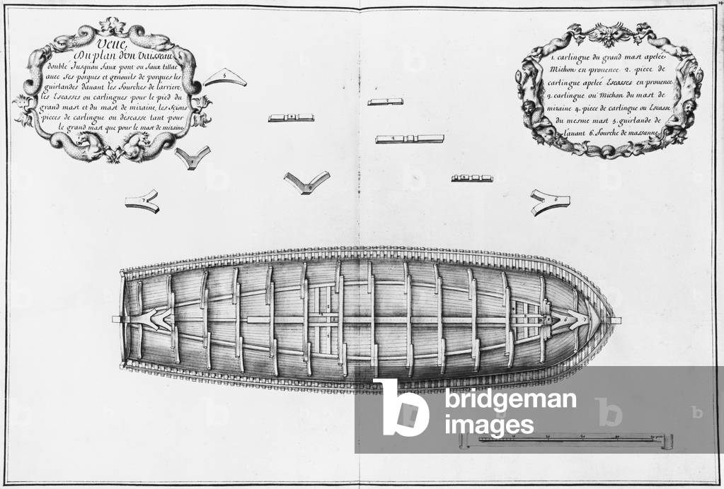 Piano di una nave allineata al falso ponte, illustrazione dall''Atlas de Colbert', tavola 14 (matita e acquere