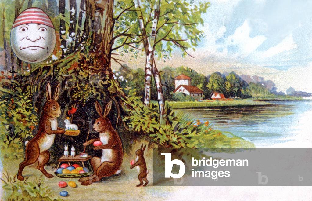 Easter rabbits, egg and kitten, c.1900 (postcard)