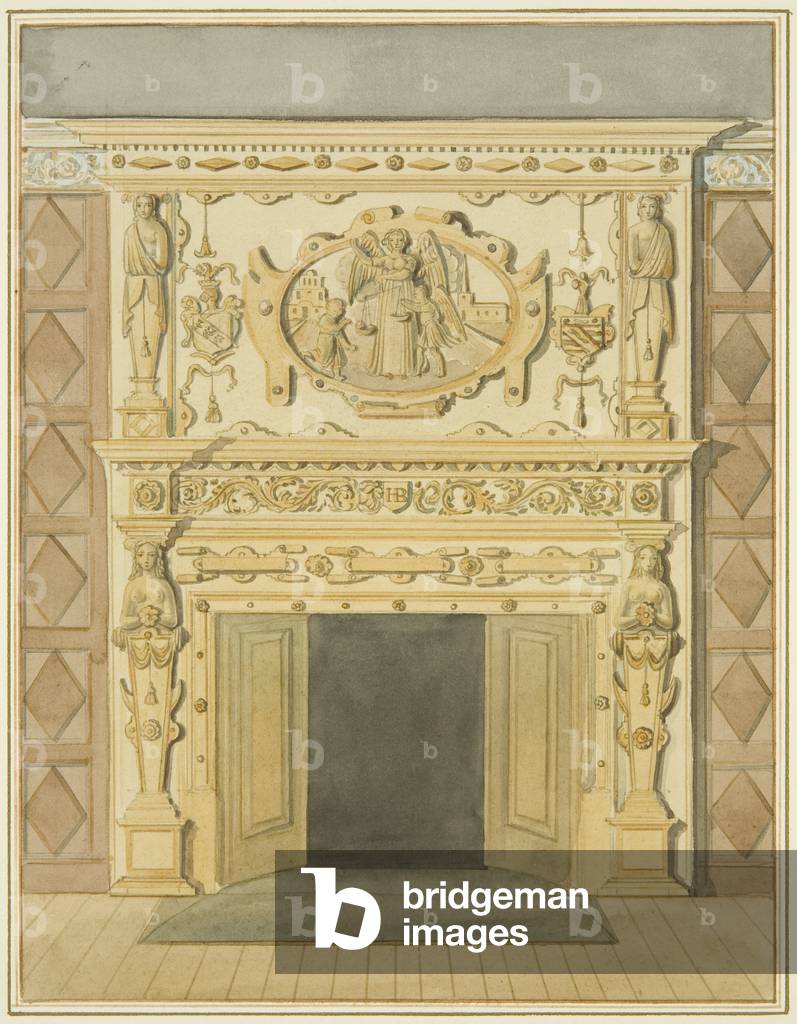 Image of Drawing depicting Chimneypiece in the Law Library (w/c on paper) by Thomas Leeson the Elder Rowbotham