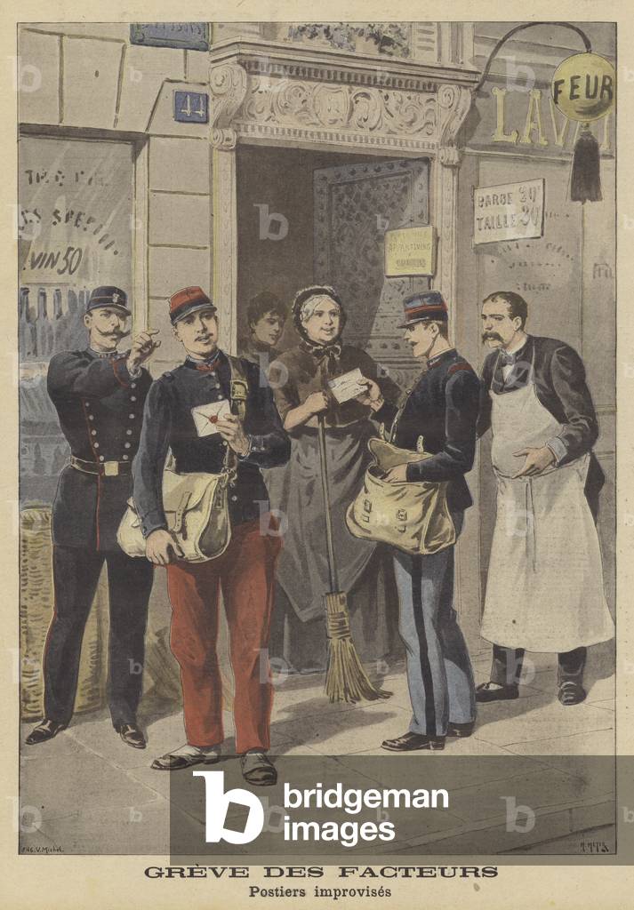 Postal strike in Paris (colour litho) by French Artist