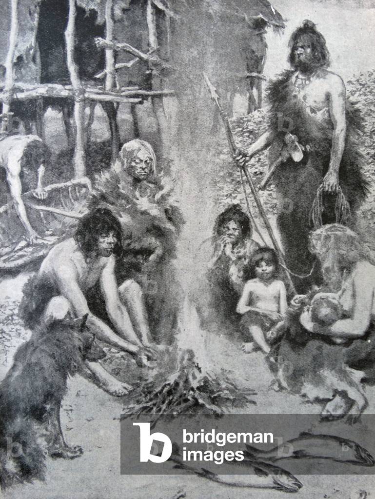 Painting depicting a family group in the Stone Age