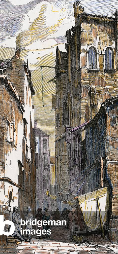 Italia. Venezia. XIX secolo. Via. Incisione colorata.