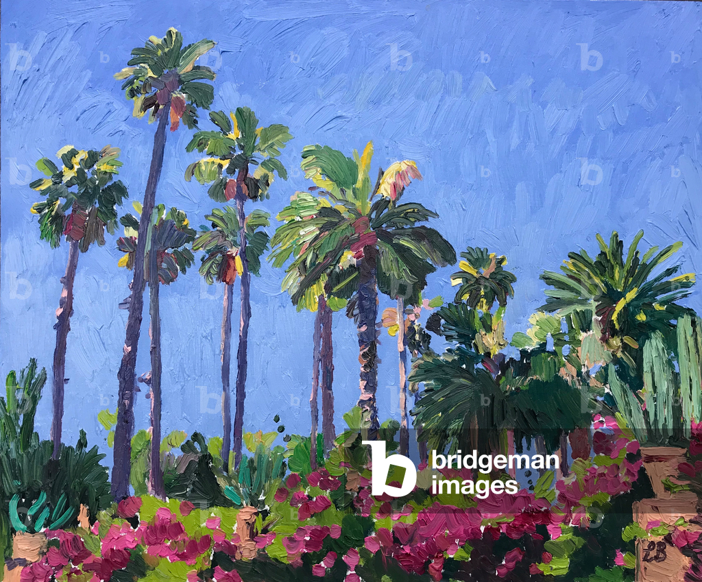 Palmen und rosa Blumen, 2019 (Öl auf Karton)