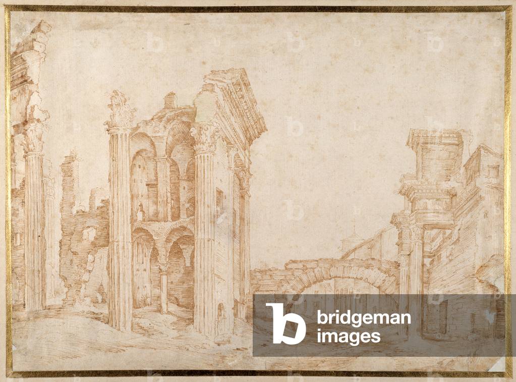 Immagine di Disegno "Rovine dell'Antico Foro di Nerva" di Jan the Elder Brueghel, b/w