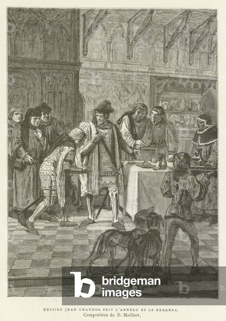 "Sir John Chandos nahm den Ring und schaute ihn an (Gravur)" 1801 von French School, b/w