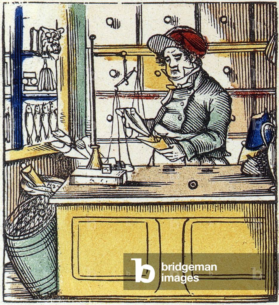 Beruf: Lebensmittelgeschäft, Gravur aus „Alphabet des Arts et Metiers“, Frankreich, Ende des 19. Jahrhunderts