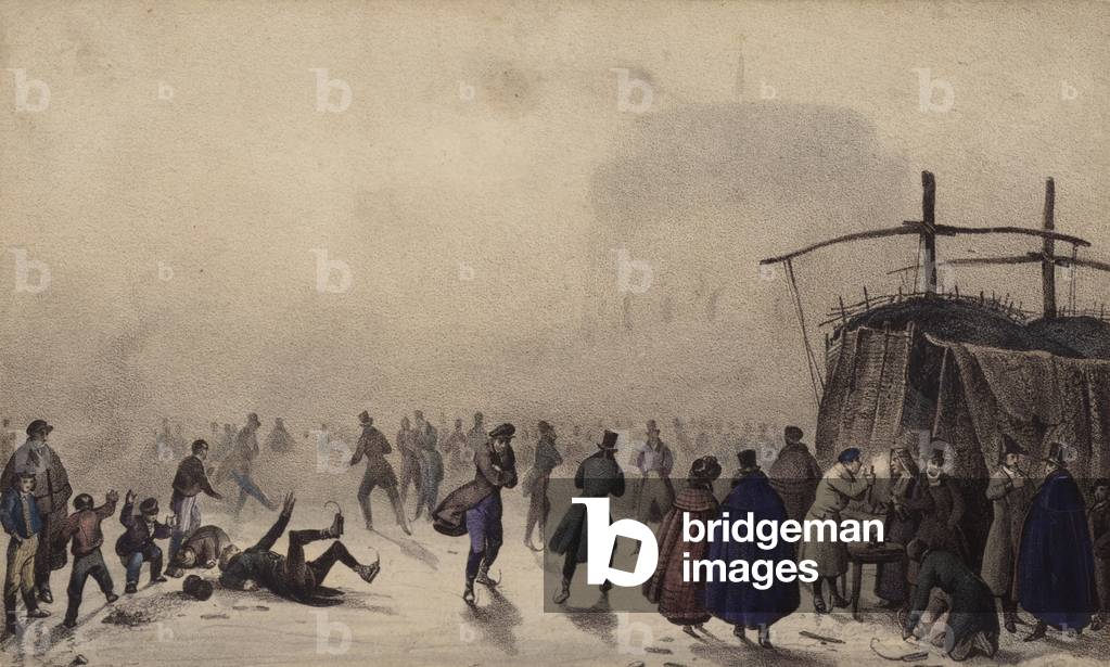 Image of Print depicting Ice Skating on City River (litho) by English Artist