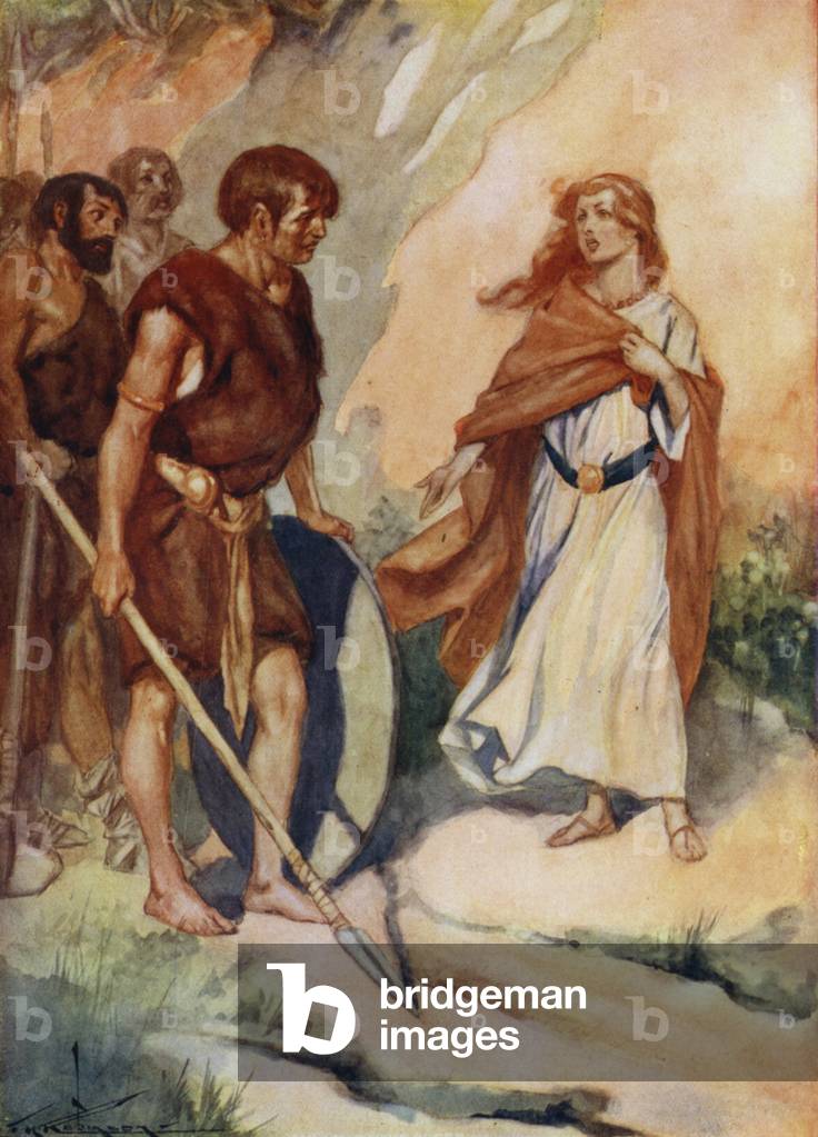 Principessa Elena, figlia di Coel, Re di Gran Bretagna, parlando ai soldati, 4° secolo (lito a colori)