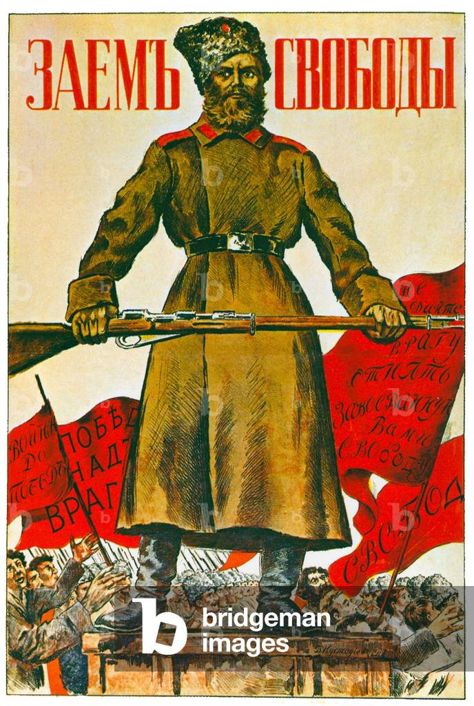 Russia: «prestito per la libertà». Poster rivoluzionario sovietico con un soldato barbuto su uno zoccolo soste