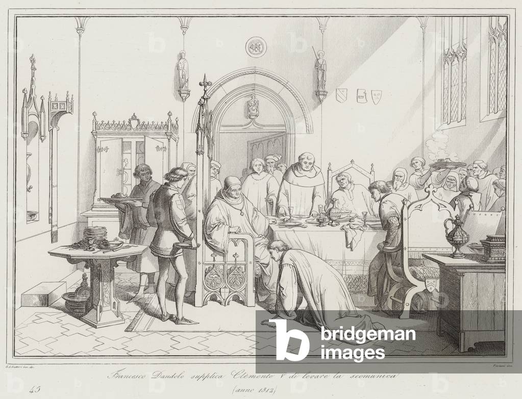 Francesco Dandolo supplica Clemente V di levare la scomunica, 1312 (incisione)