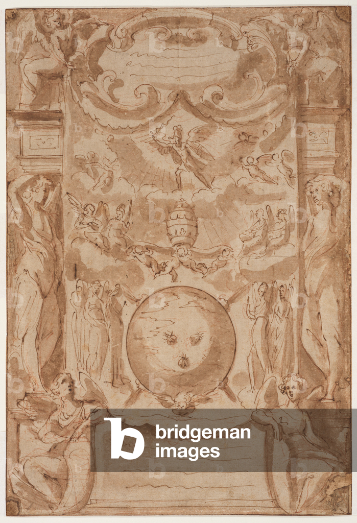Disegno con le armi Barberini di Papa Urbano VIII, 1630 circa (gesso rosso, penna e inchiostro marrone, lavagg