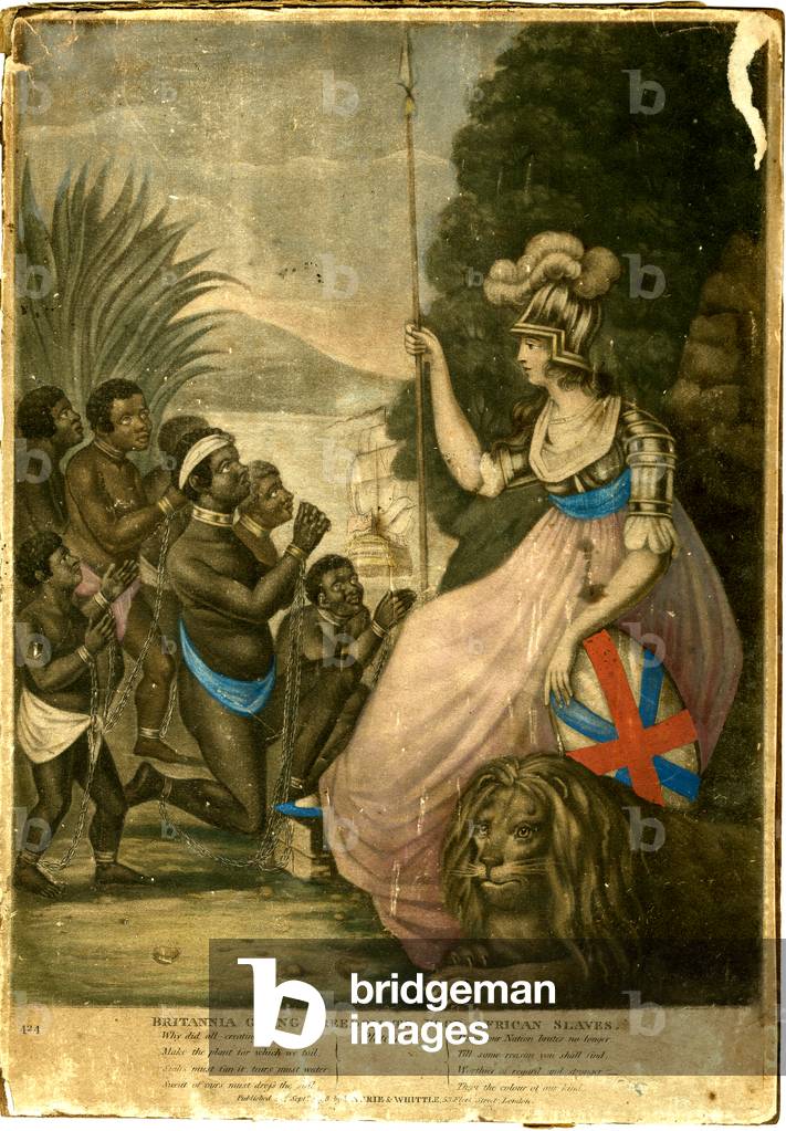 Britannia gibt den armen afrikanischen Sklaven Freiheit, 1798 (Farbe litho)