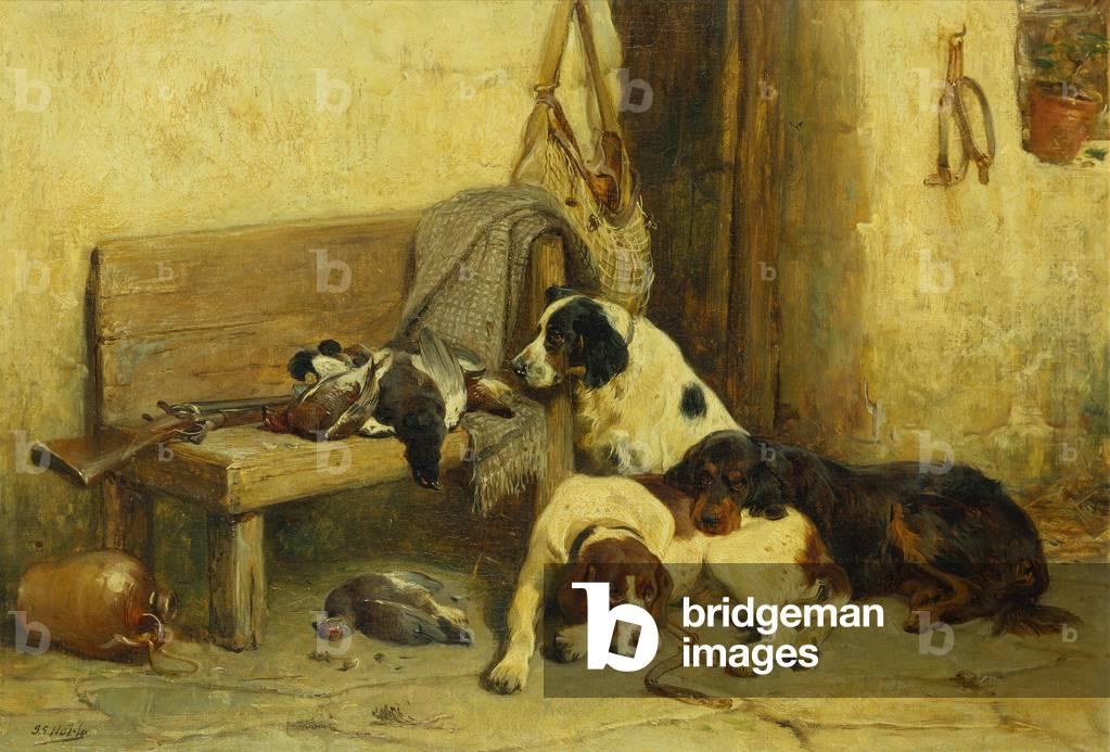 Gundogs con la borsa del giorno (olio su tela)