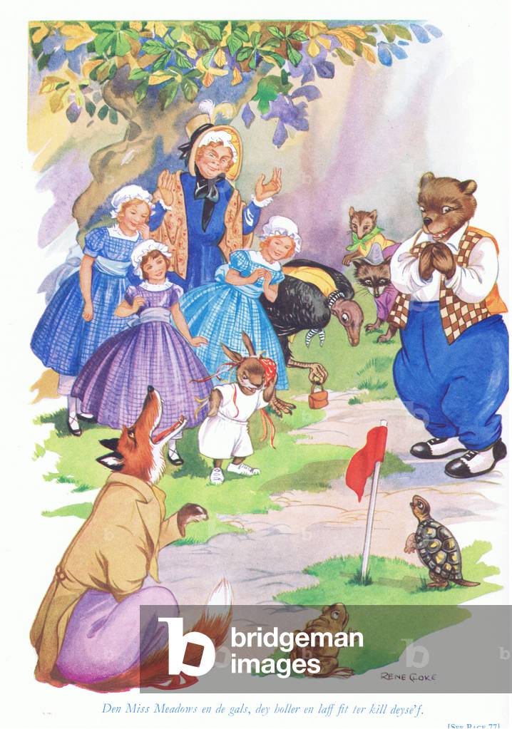 Den Miss Meadows en de gals, dey holler en laff fit ter kill deyself, illustration von 'Onkel Remus' (color li