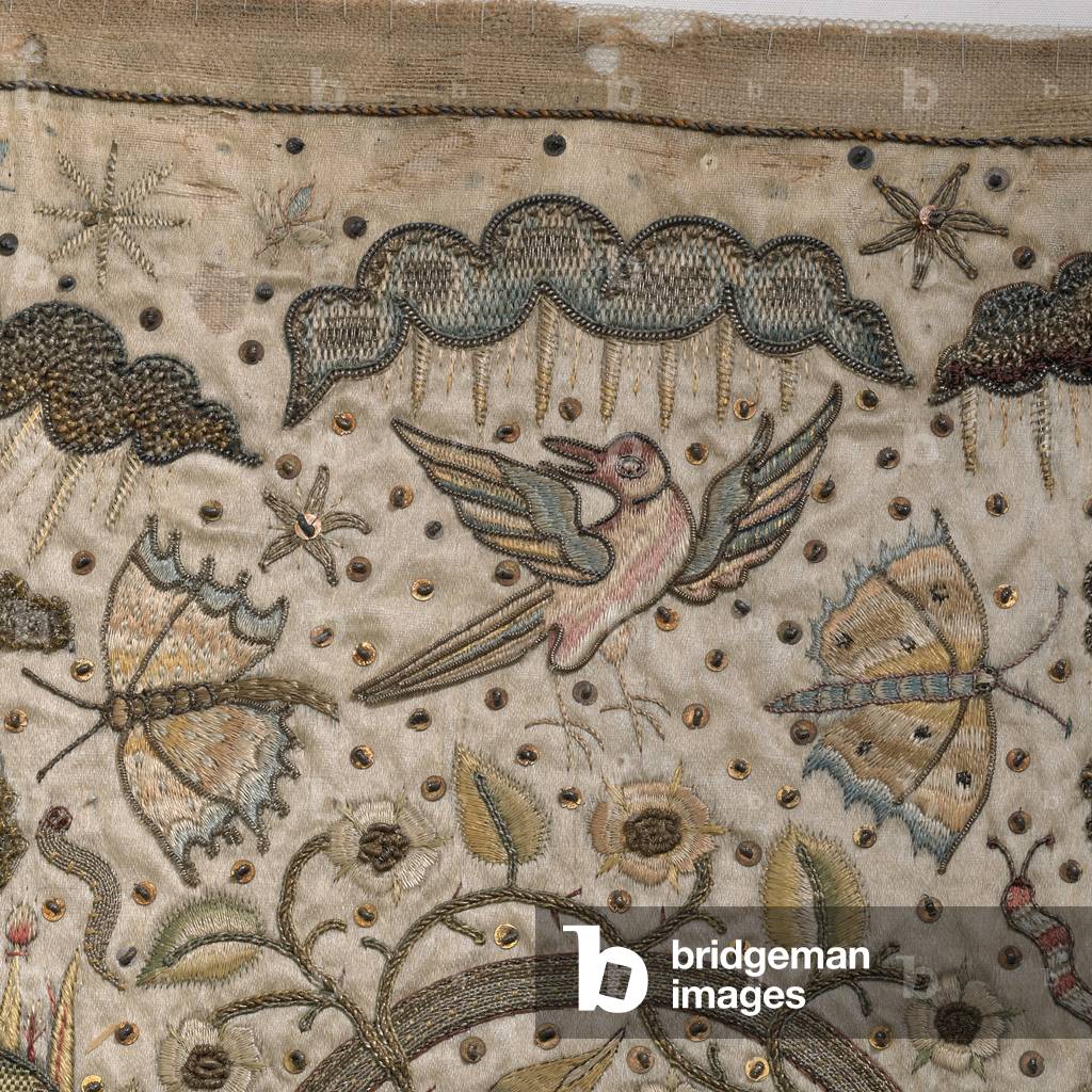 Wohltätigkeit unter einem Bogen, um 1640 (Seide, Metallfäden und Pailletten auf Satin)