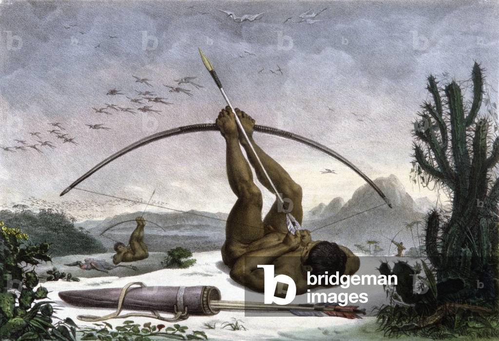 Indians pulling the bow, 1839 (litho)