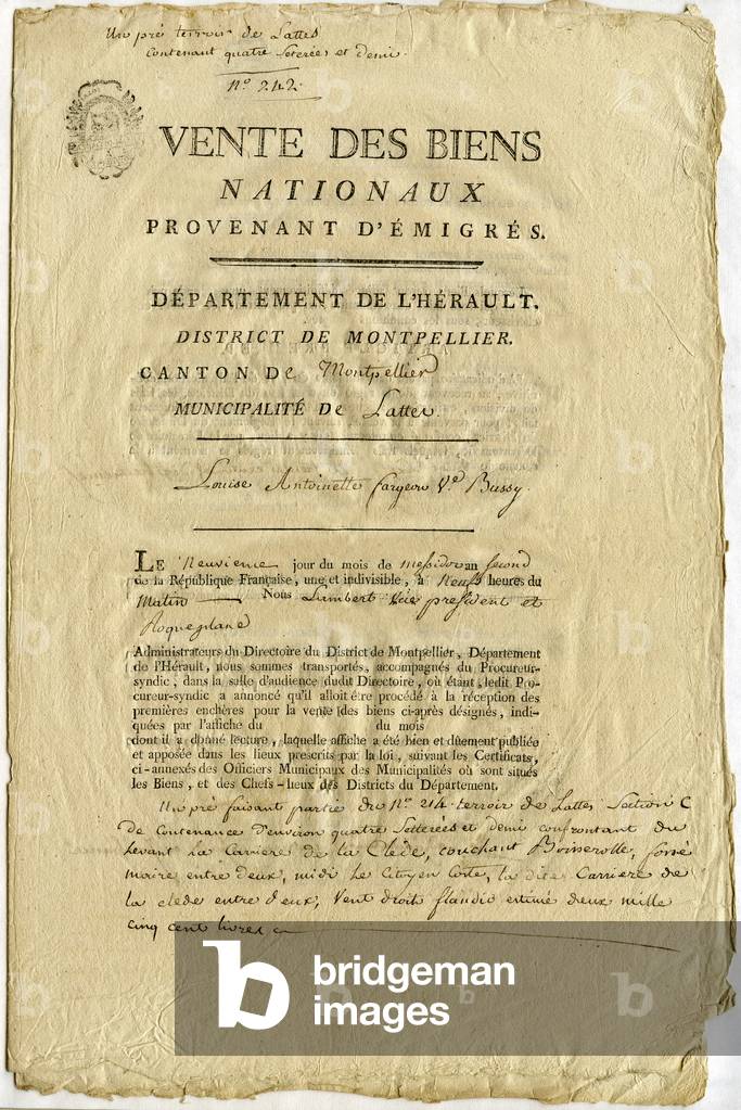 Vente de biens nationaux provenant d'emigres dans le departement de l'Herault 1794