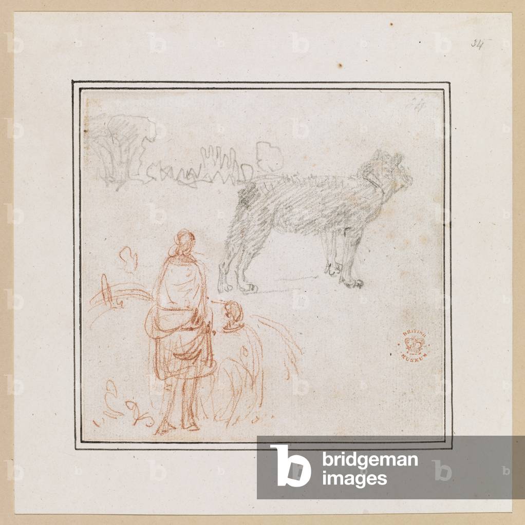 Croquis d'un indigène et d'un chien., b/w